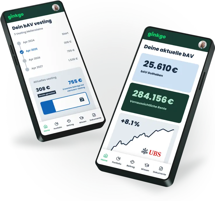 Zwie Screenshots der ginkgo bAV App: Volle Transparenz über das wachsende Kapital und die ETF-basierte Rente
