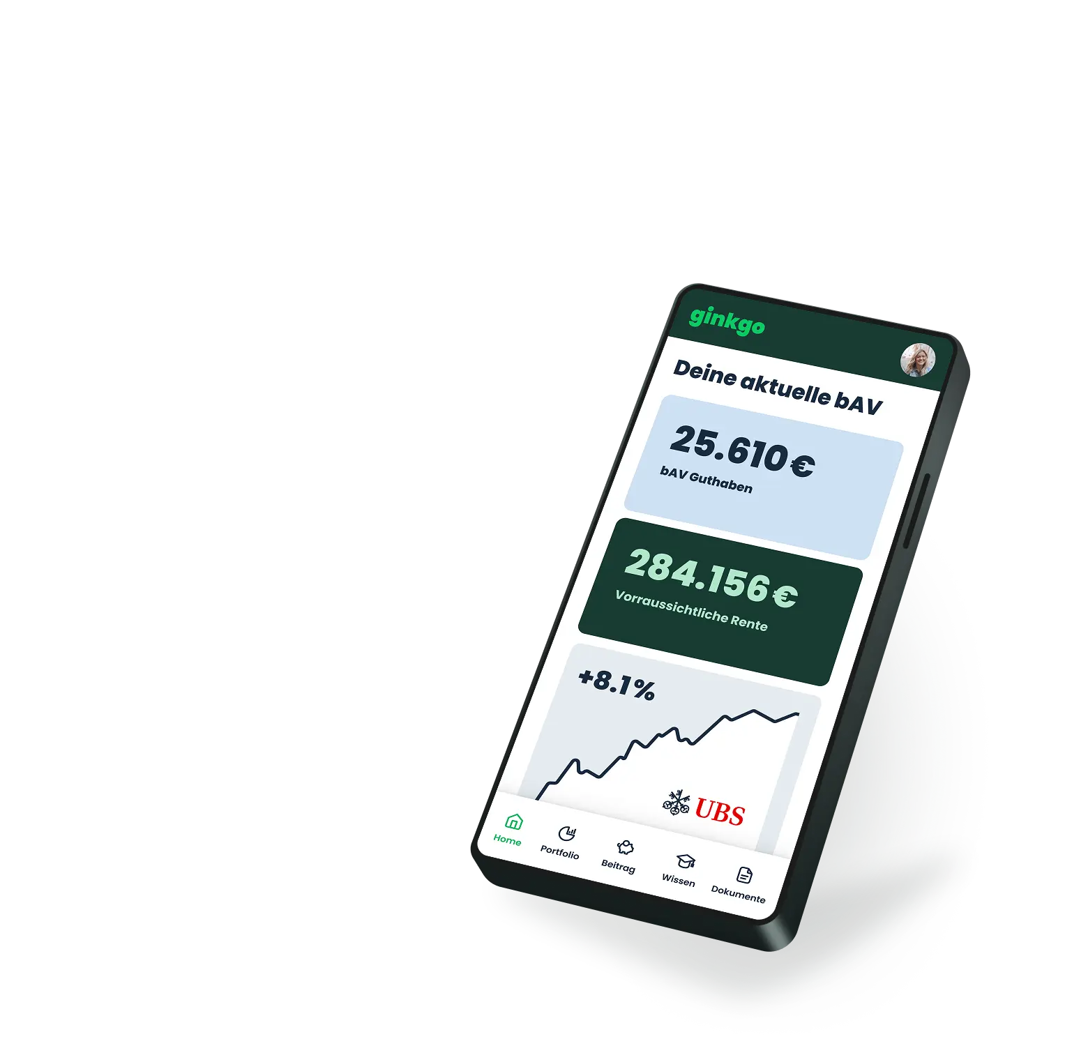 Screenshot der ginkgo bAV App: Volle Transparenz über das wachsende Kapital und die ETF-basierte Rente