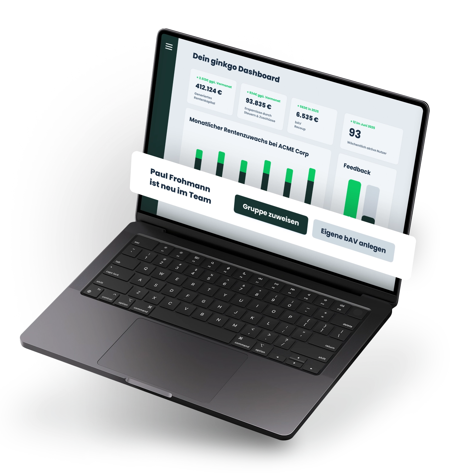 Digitales Dashboard der ginkgo HR-Plattform zur automatisierten Verwaltung der betrieblichen Altersvorsorge