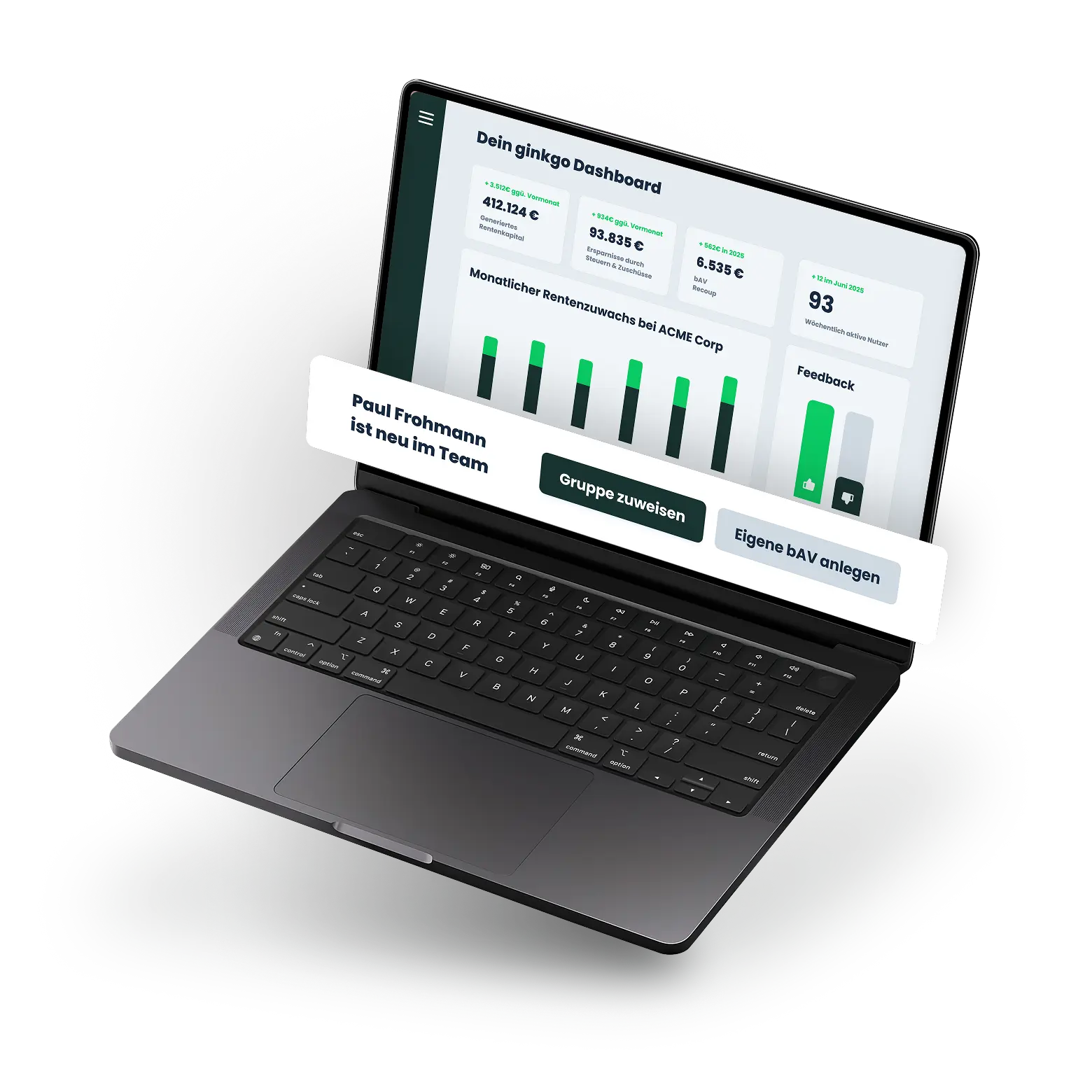 Digitales Dashboard der ginkgo HR-Plattform zur automatisierten Verwaltung der betrieblichen Altersvorsorge