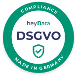 HeyData DSGVO Compliance Badge mit grünem Kreis und Schildsymbol, Made in Germany.