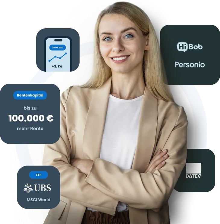 Lächelnde blonde Frau in beiger Jacke vor grafischen Elementen mit Texten zu Rentenkapital, ETFs und Firmenlogos wie HiBob, Personio, DATEV.