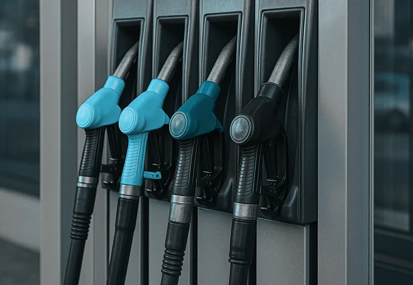 Row of black and blue fuel nozzles.