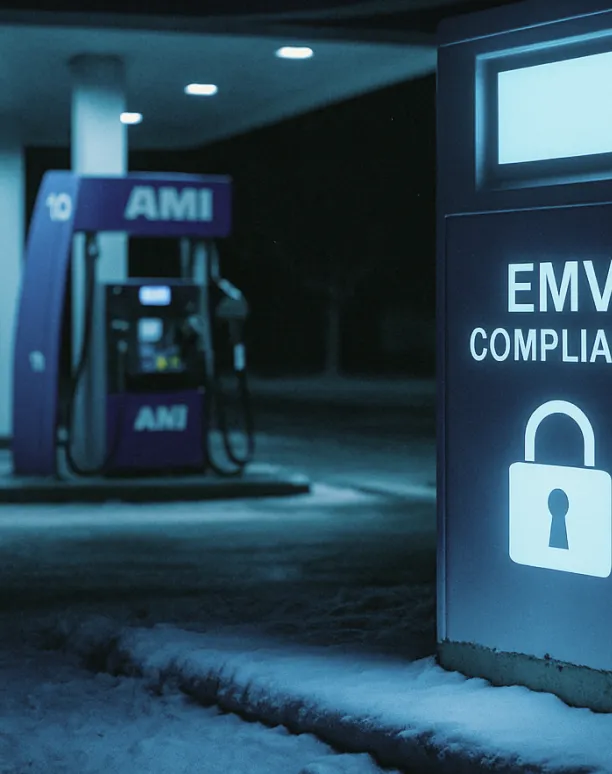 Snowy station with glowing compliance sign.