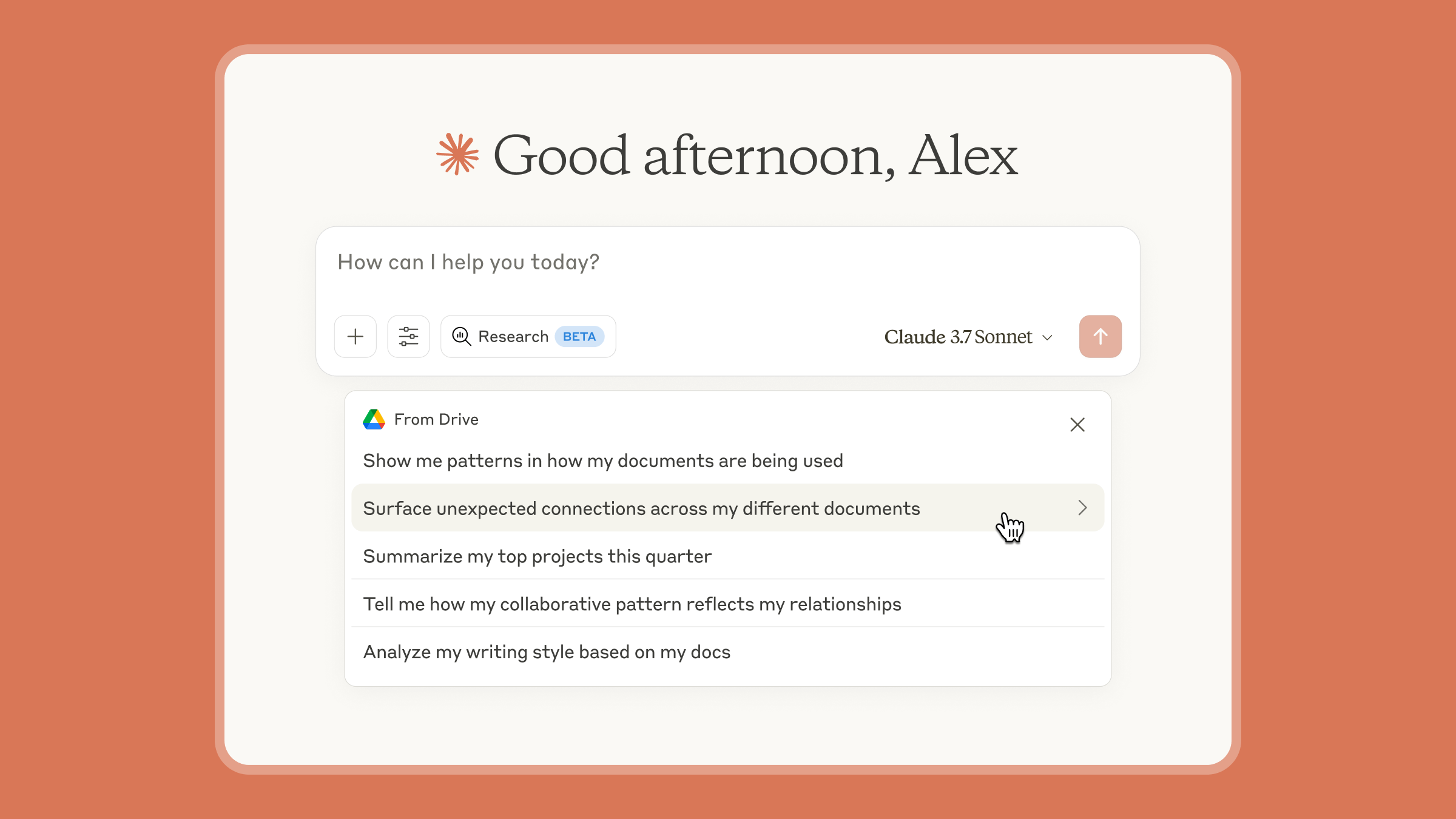 Google Drive suggestion chips on the Claude home page
