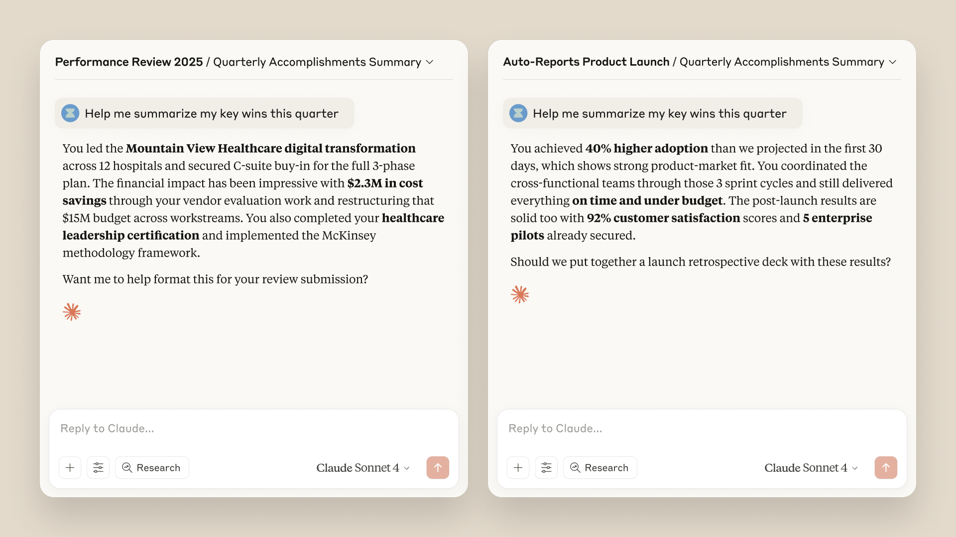 Two side-by-side Claude chat interface screenshots showing project-specific conversations