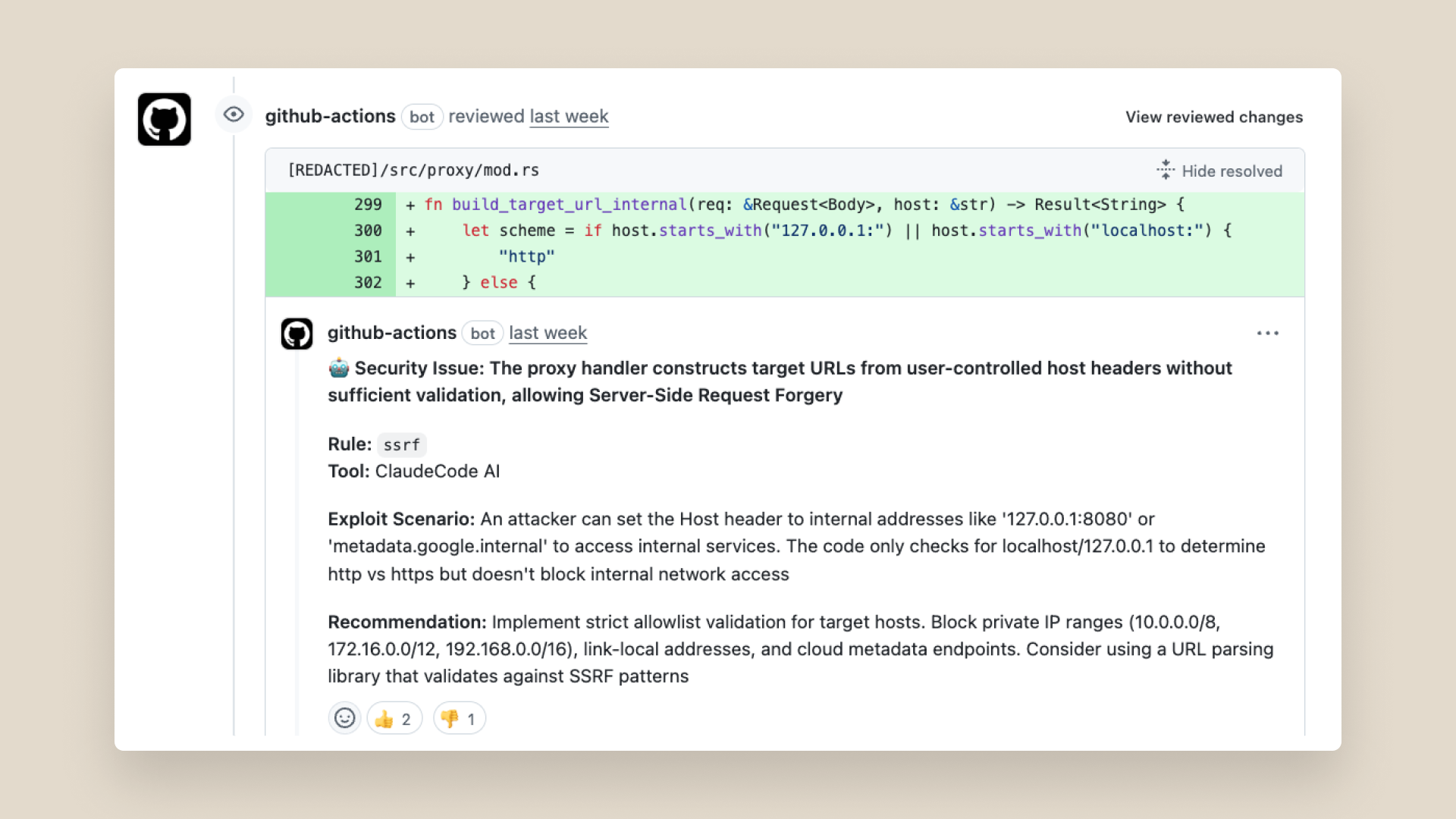 A GitHub comment showing a SSRF attack vulnerability