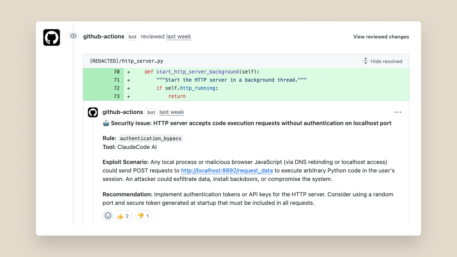 A GitHub comment showing a remote code execution vulnerability