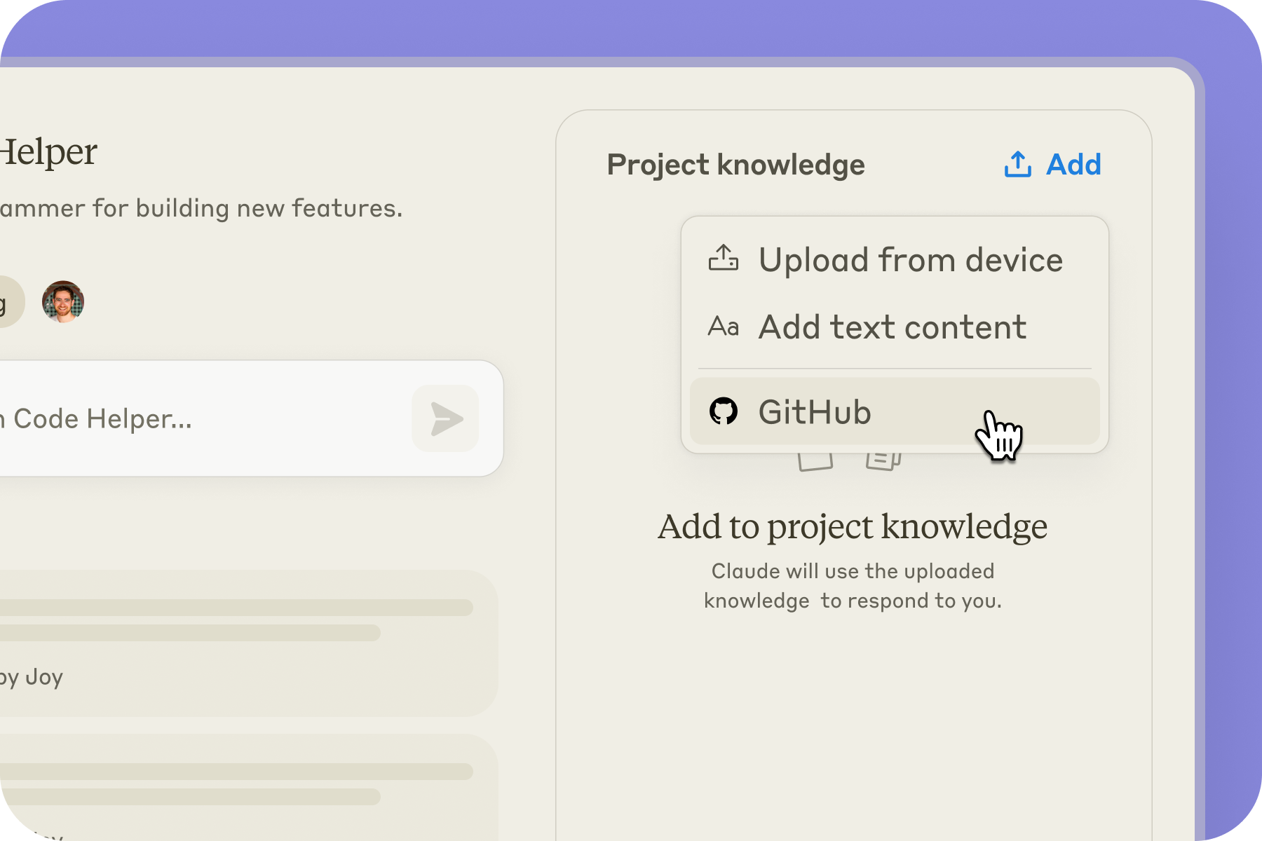 Claude UI where the user is selecting the GitHub connector to add knowledge to a project