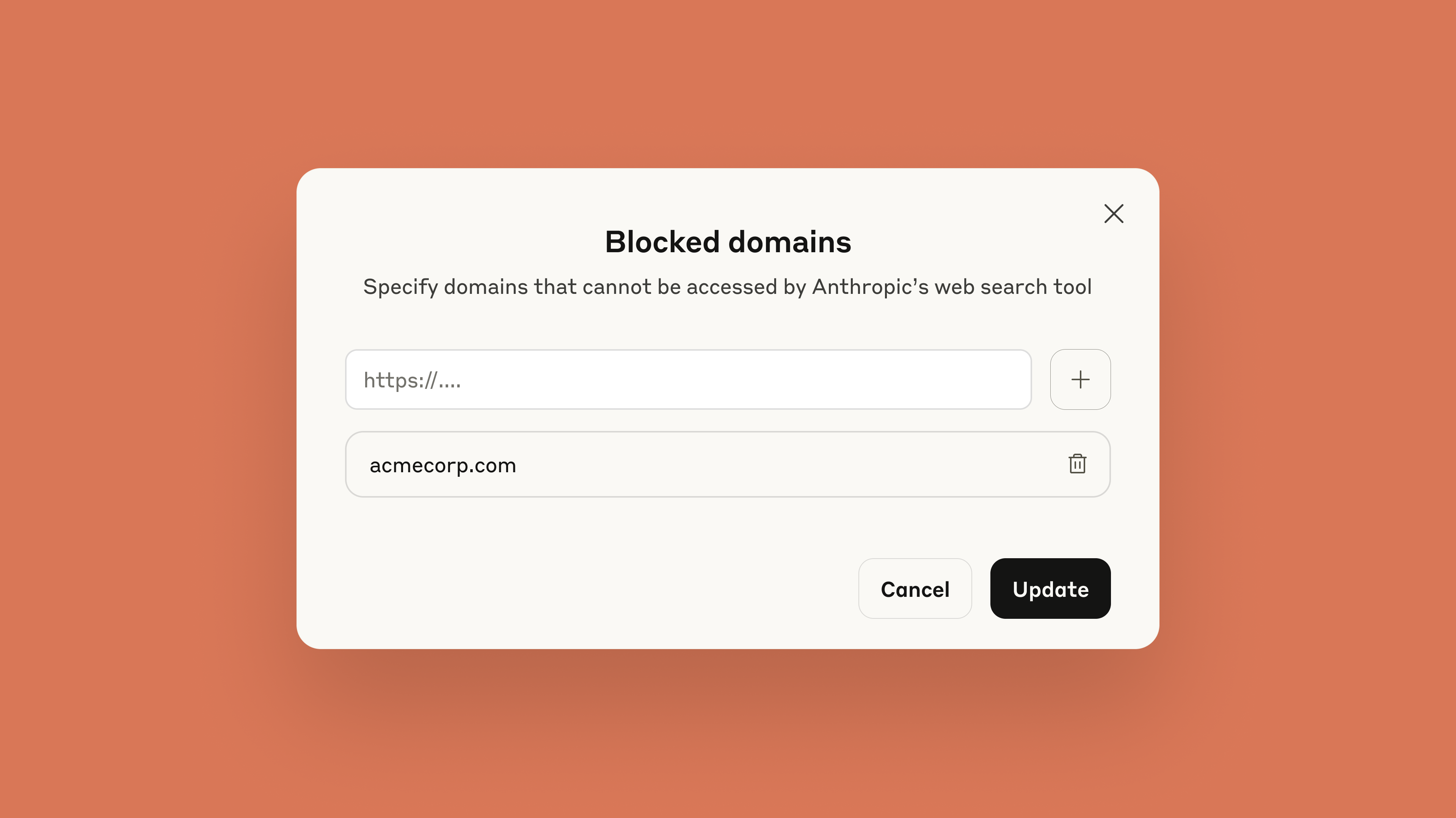 A screenshot of the UX showing blocked domains.