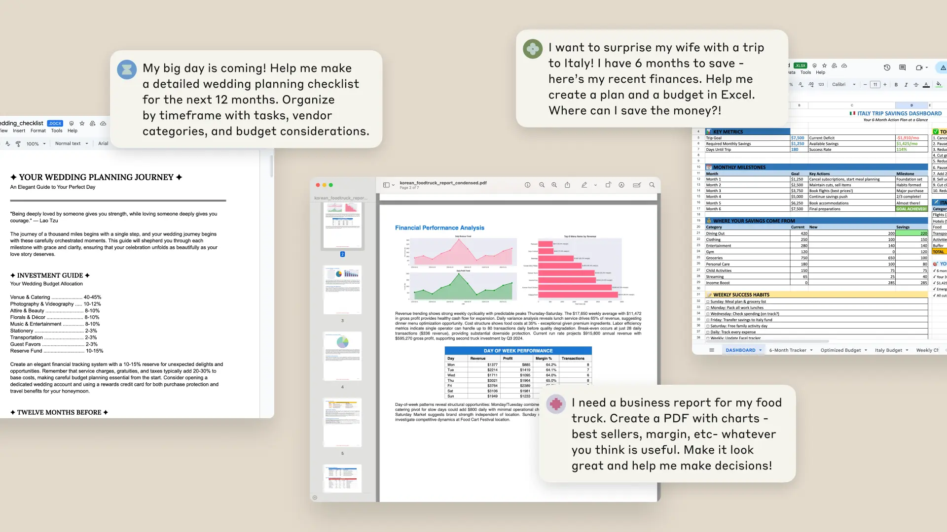 Image of three prompts with the resulting Excel, Document, and PDF files.
