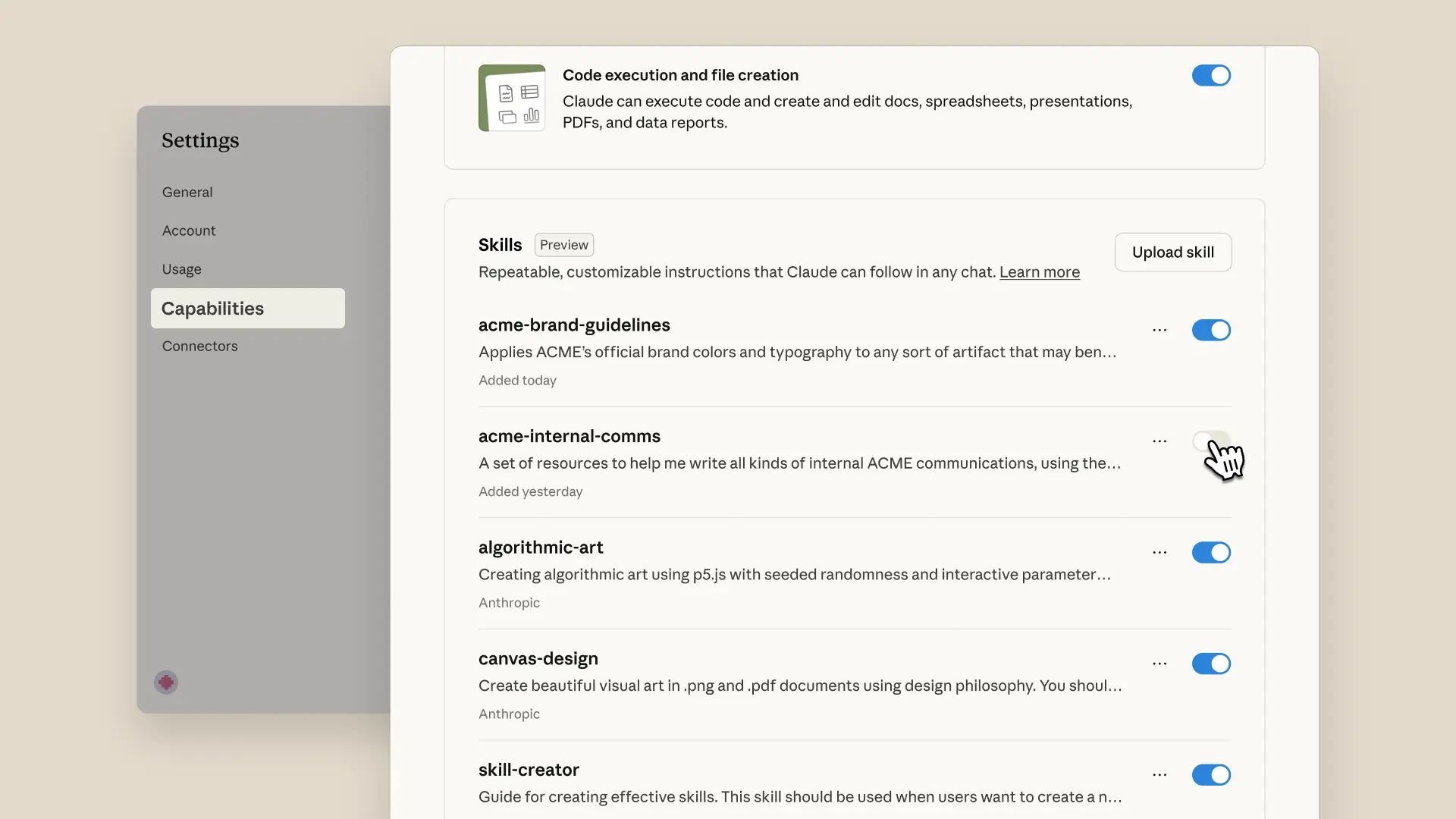 The Skills capabilities interface in Claude.ai with example Skills toggled on. 