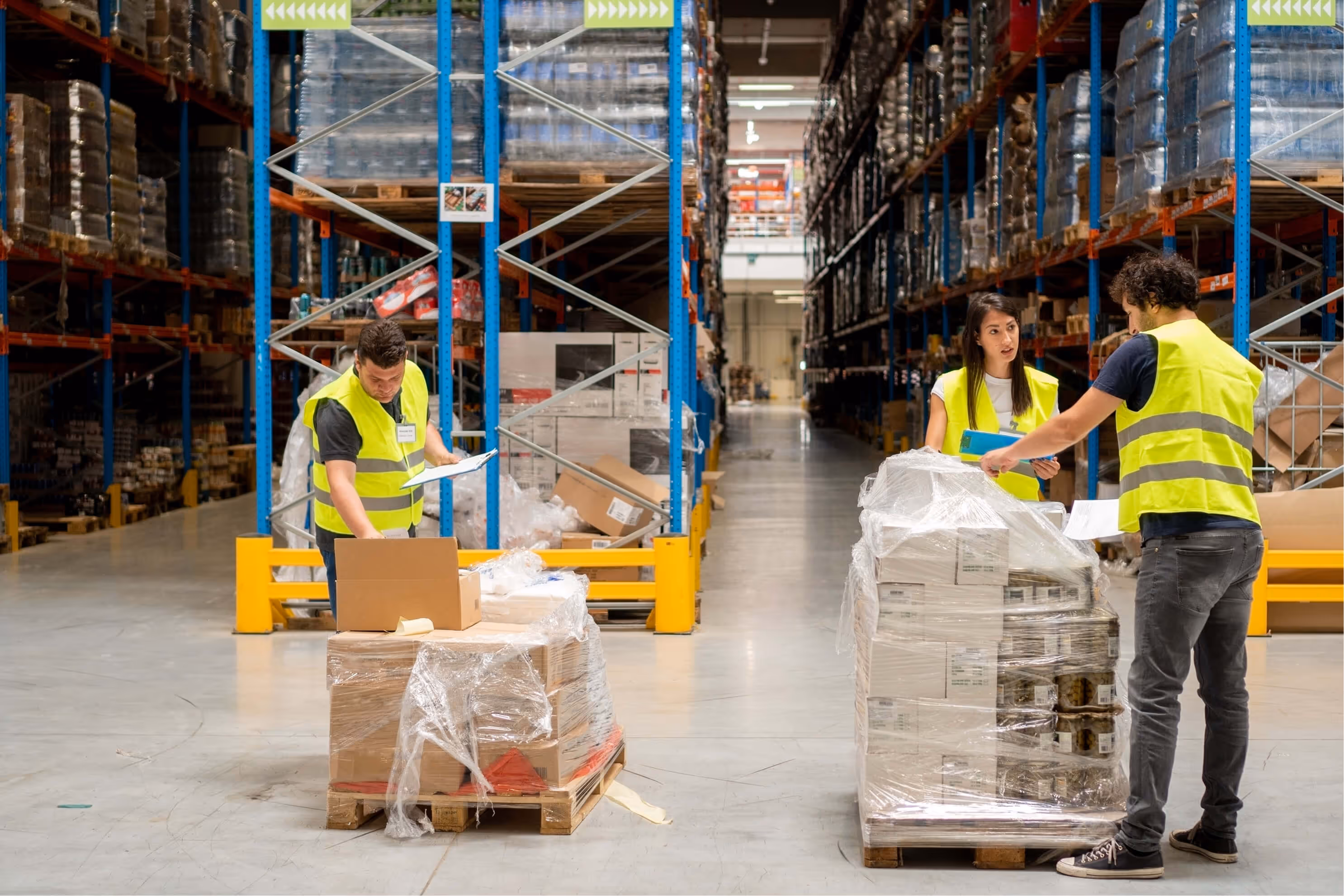 Warehouse workers wearing reflective vests inspecting and managing packaged pallets in a large storage facility with tall shelving.