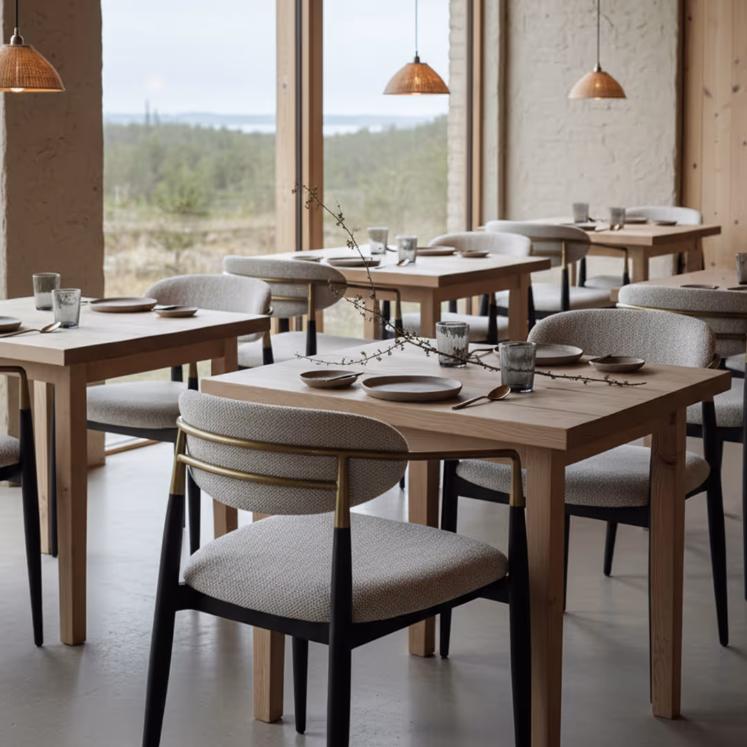 Minimalist restaurant interior with light wood tables, Treviso chairs, and woven pendant lights overlooking a natural landscape