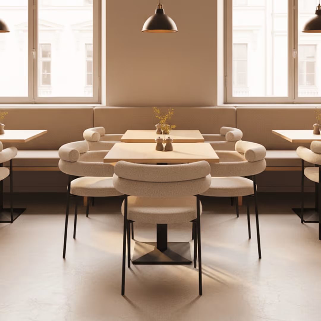 Café interior with rounded 1902 Amara chairs, light wood tables, and black pendant lighting beneath large windows