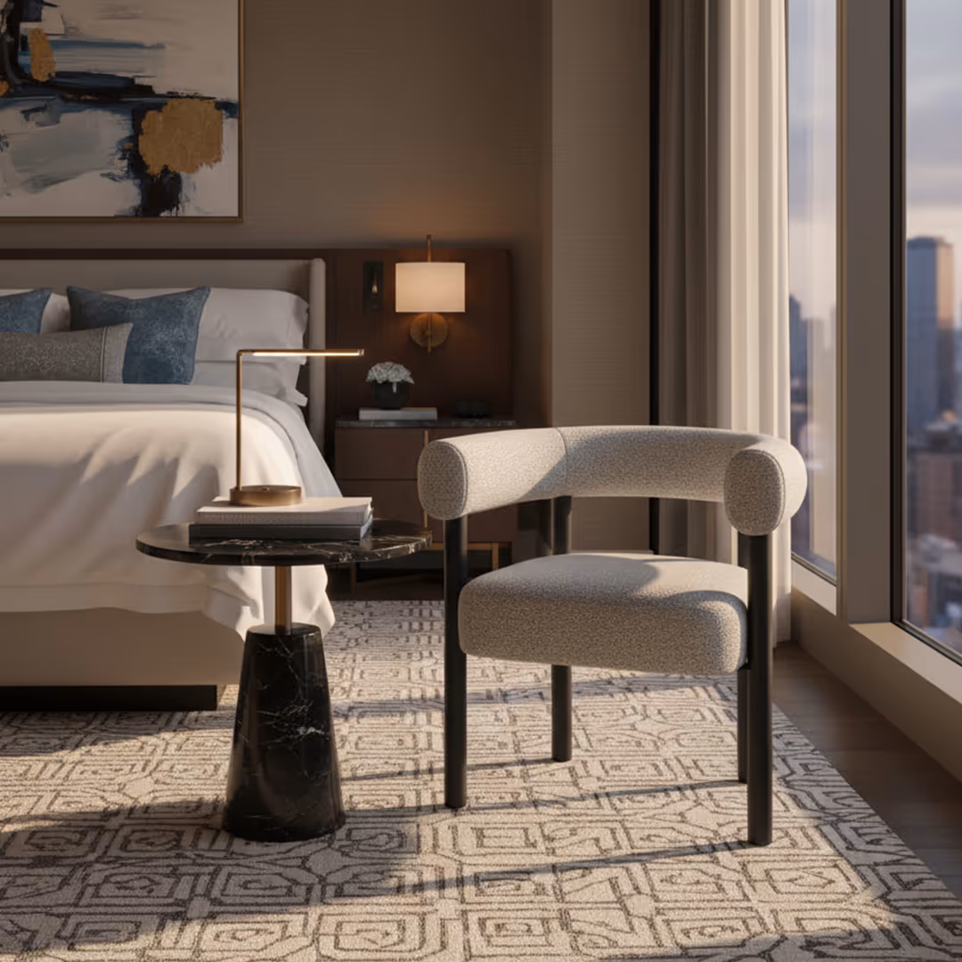 Hotel suite with white linens, blue accent pillows, and rounded 1902 Forio armchair beside black marble side table and gold lamp
