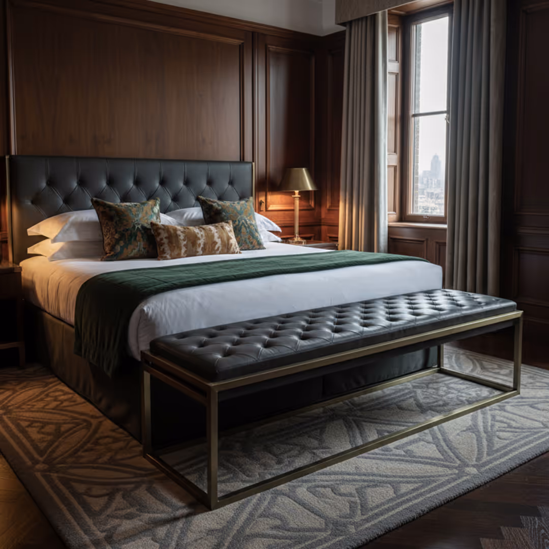 Luxurious bedroom with tufted leather headboard, matching 1902 Isko bench, and dark wood panelling with city view through draped window