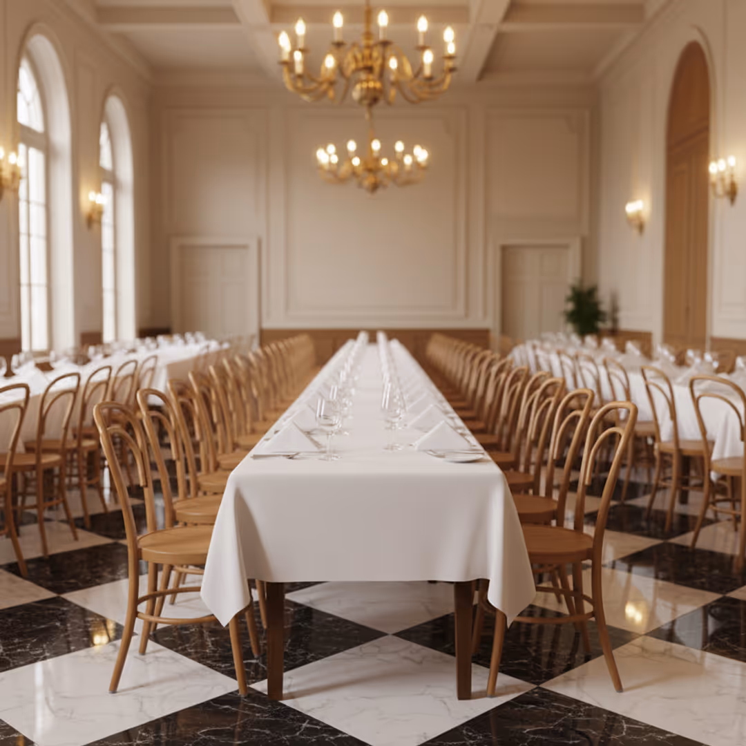 Elegant dining hall with long white tablecloths, 1902 Ronnie curved wooden chairs, and black-and-white marble flooring beneath chandeliers and tall windows