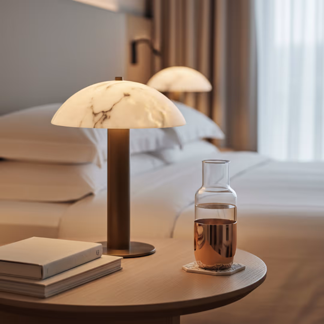 Serene hotel bedroom with twin beds, 1902 Godalming marble lamps, and bedside table with books and glass carafe