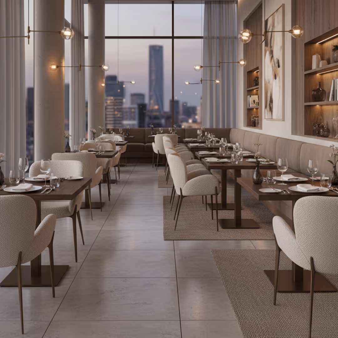 Destination restaurant with 1902 Nemi dining chairs, city view, pendant lights, and abstract wall art