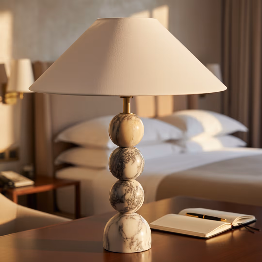 1902 Broomhall marble desk lamp, in a hotel guest bedroom, open notebook, and bed with white linens in warm natural light