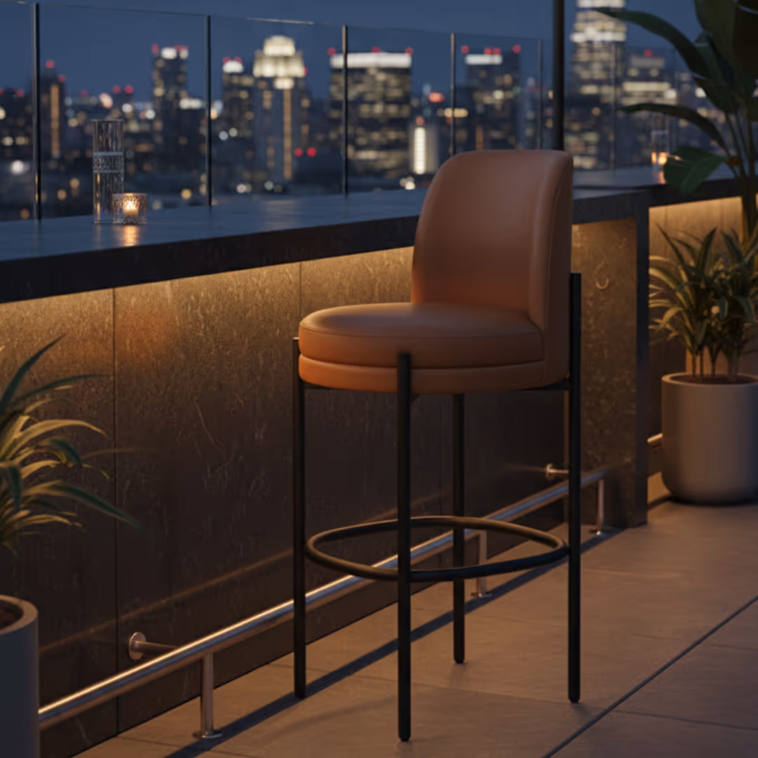 Rooftop bar with 1902 Caro stool, stone counter, city skyline, and warm ambient lighting