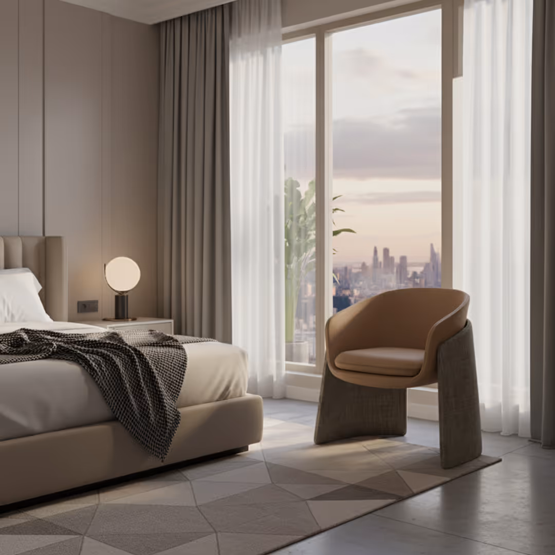 Luxury hotel bedroom with 1902 Rae beige upholstered bed, curved chair, geometric rug, and sunset city view through sheer curtains