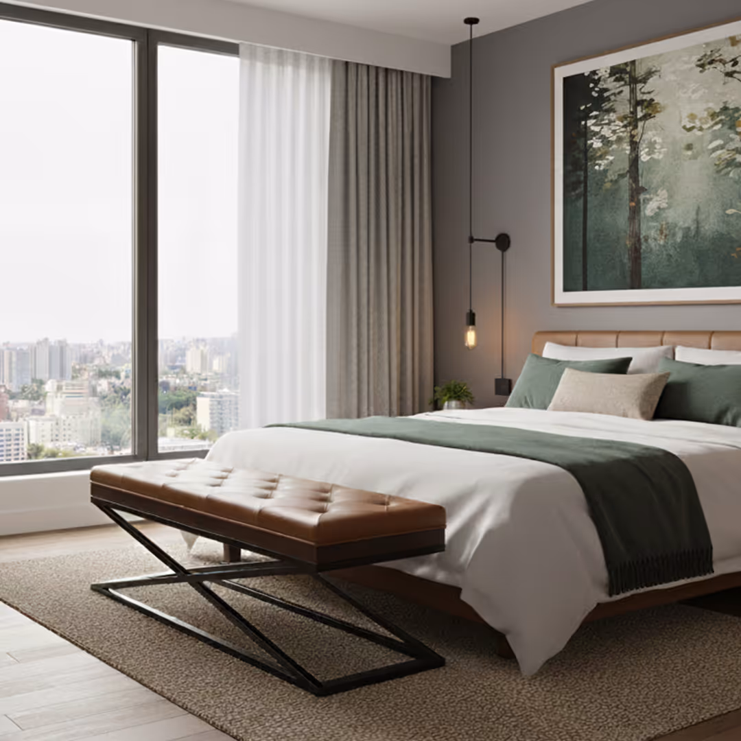 Elegant hotel bedroom with white and green bedding, 1902 Rez bench, forest artwork, and city view through sheer curtains