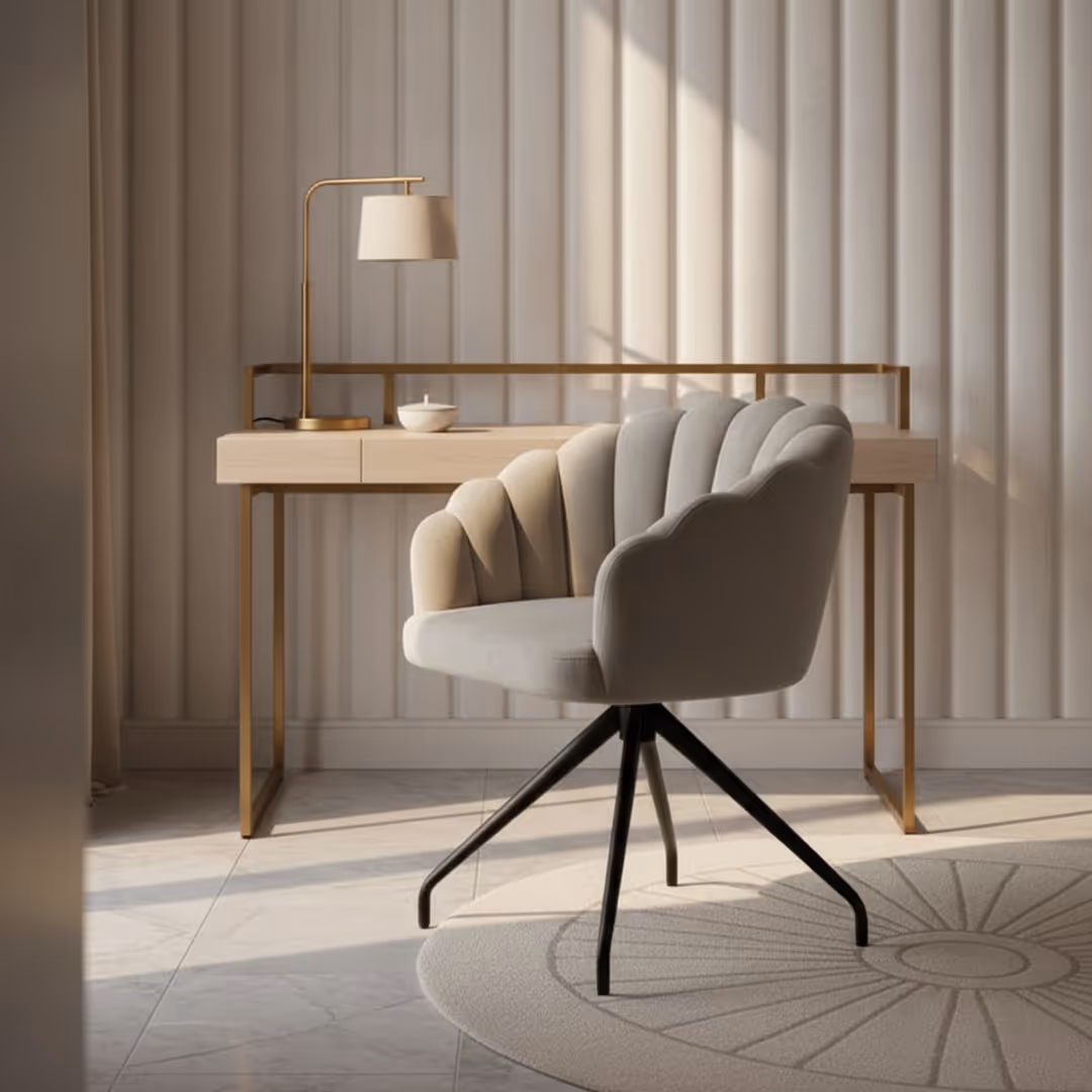 Luxury hotel room with scalloped 1902 Salina swivel chair, gold-leg desk, marble tile floor, and soft natural light