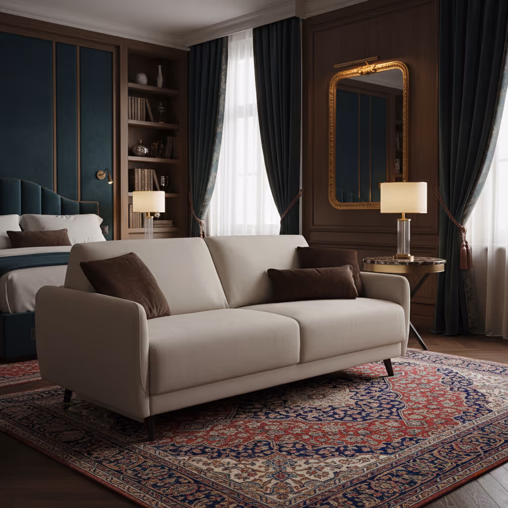 Hotel guestroom with 1902 Ghali sofa bed, teal headboard, Persian rug, and built-in bookshelves