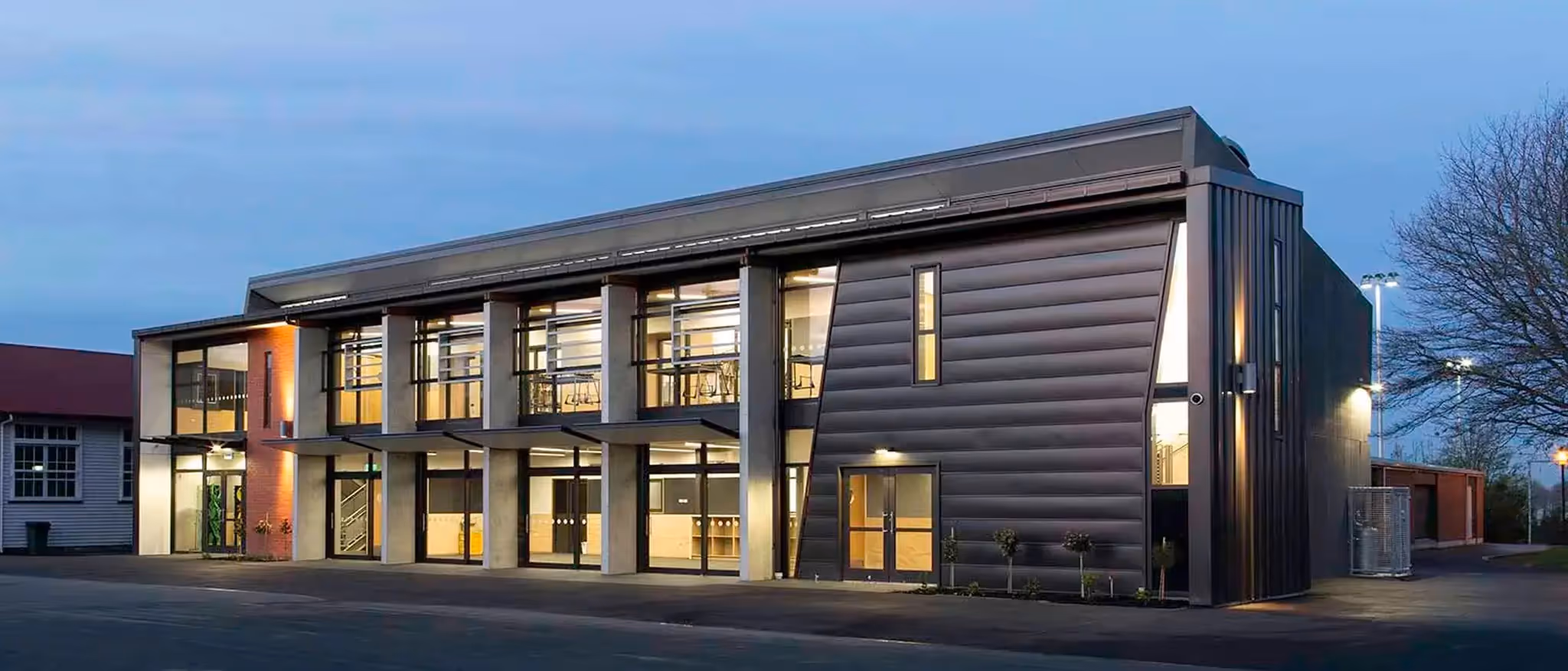 Outside of St Bedes new building in dusk