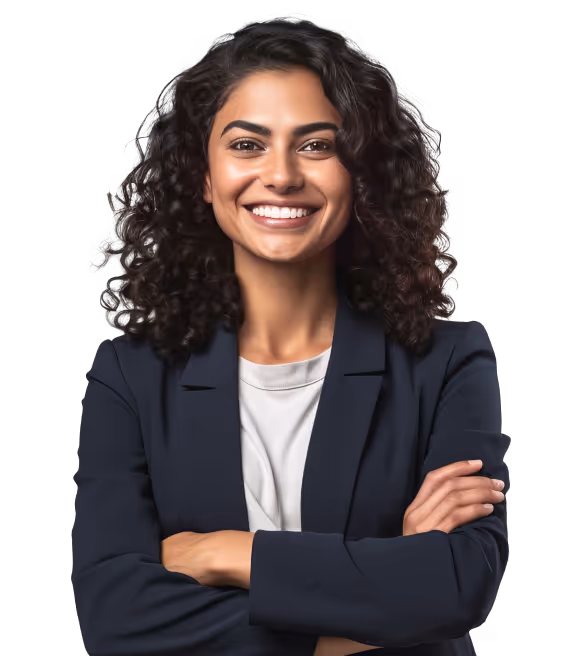 Smiling woman with curly hair wearing a navy blazer and white top, arms crossed.