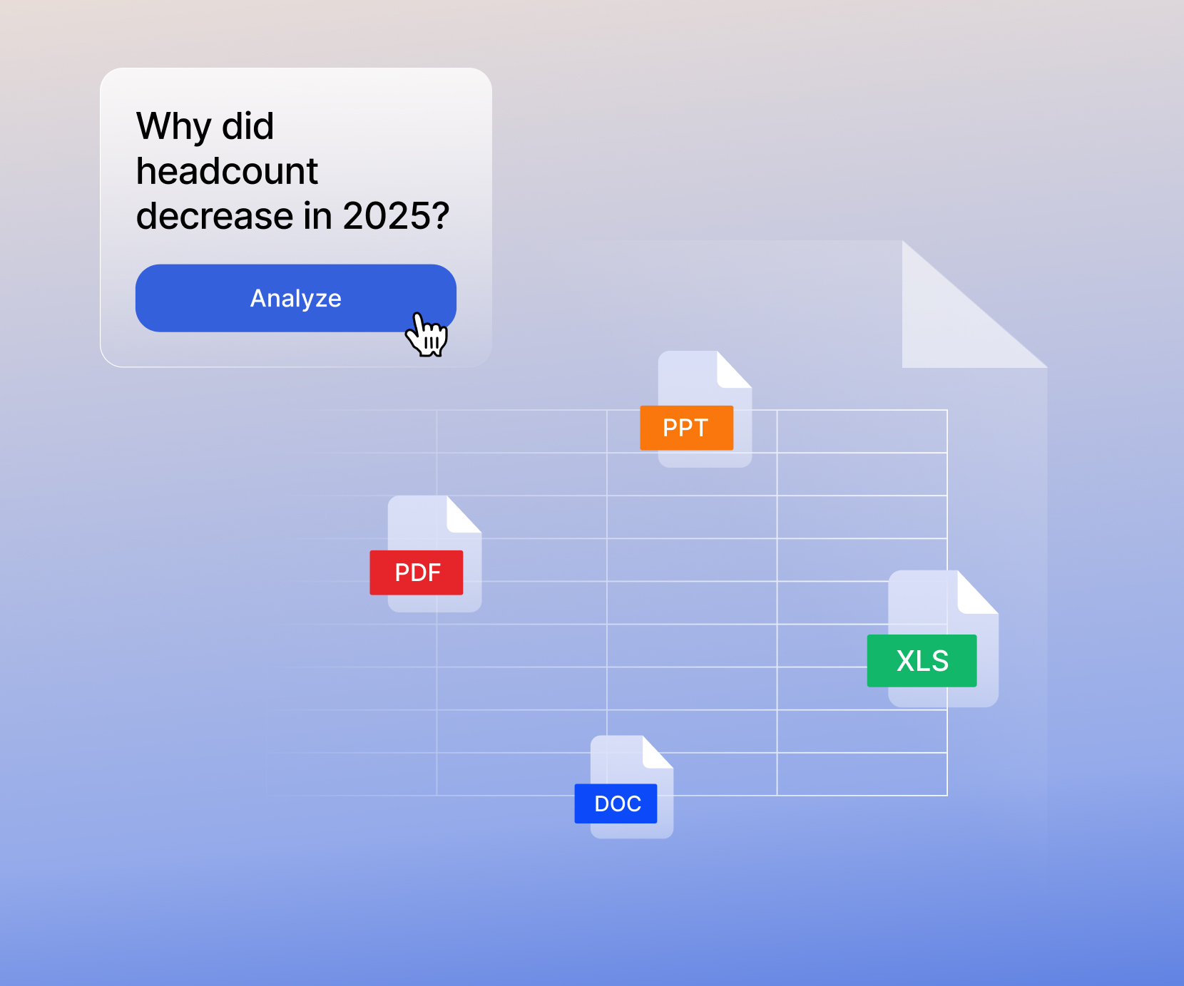 Analytics UI asking ‘Why did headcount decrease in 2025?’ with an Analyze button and document icons.