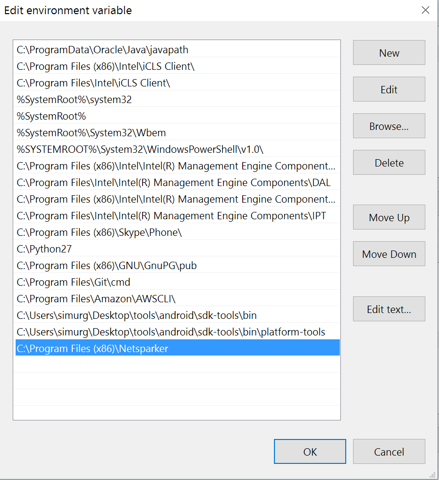 From the Edit environment variable dialog, click New to add Netsparker’s file path. Enter the file path, and click OK.