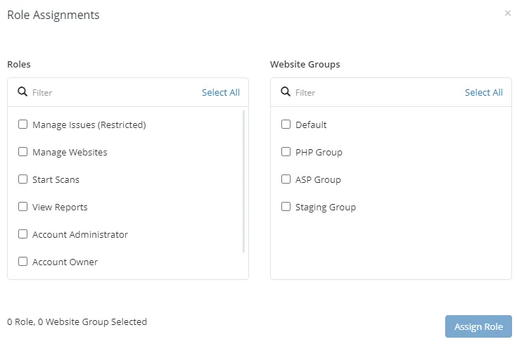 New role assignment dialog in Invicti Enterprise