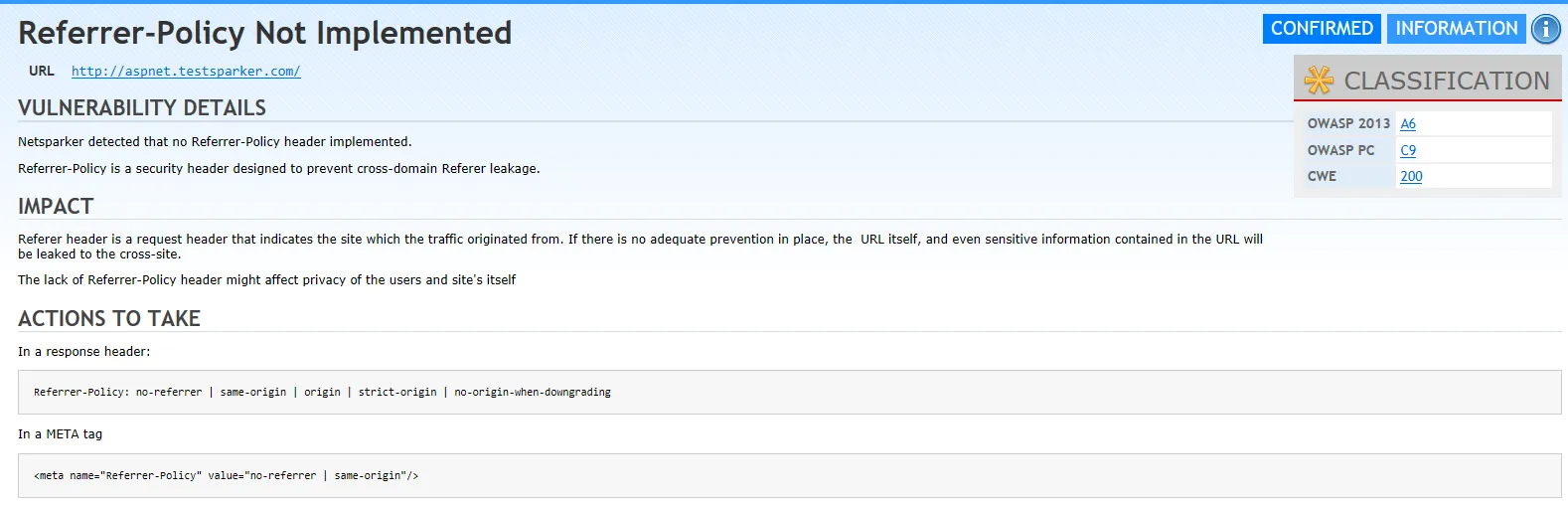 Referrer Policy security checks that Netsparker does during the scan.