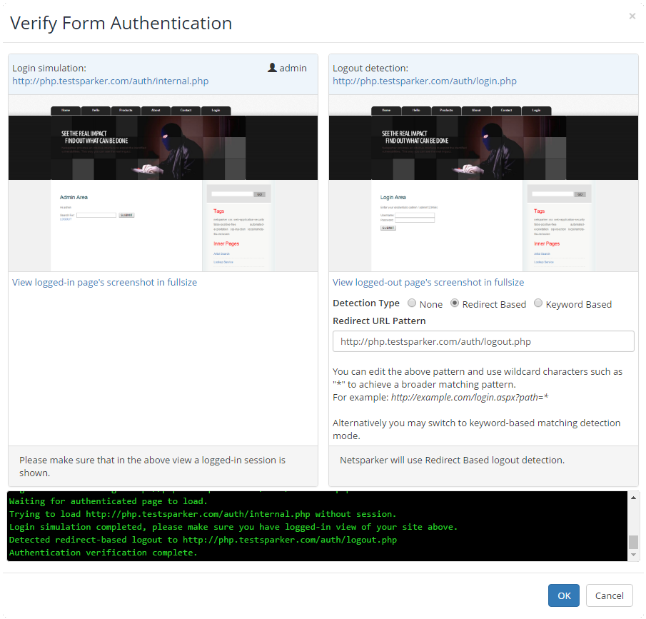 Verifying successful login and logout with Netsparker