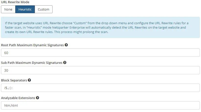 Selecting the URL rewrite mode in Netsparker