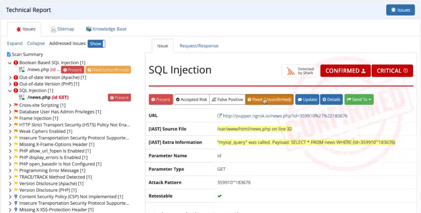 Marking a vulnerability as fixed in Netsparker