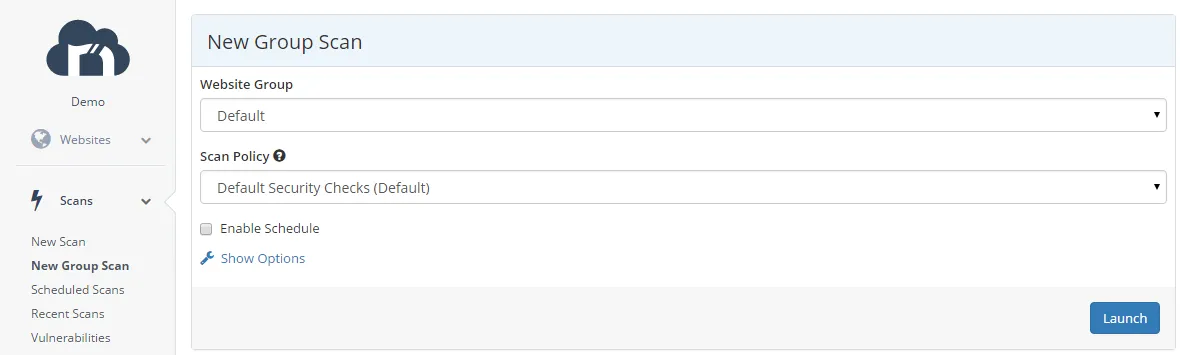 Launch a websites group scan from the Scans menu