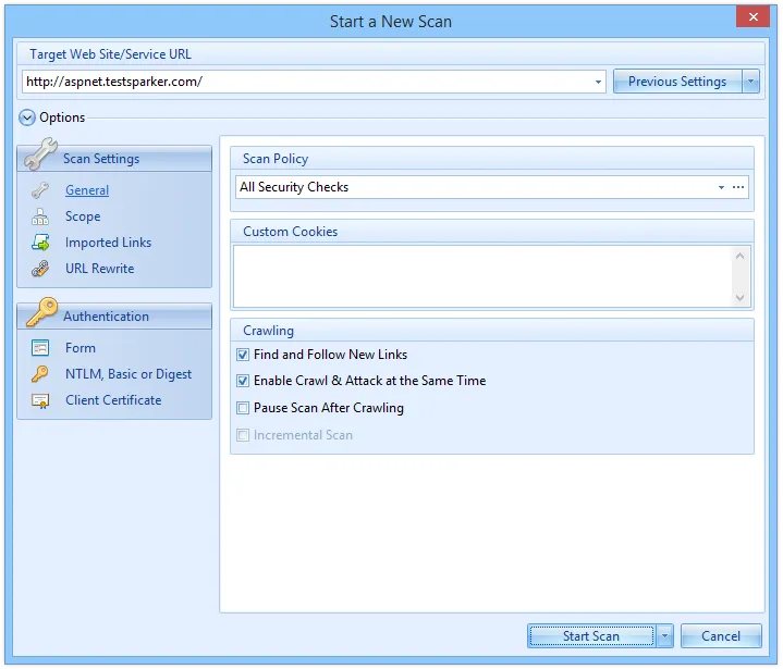 The Start a New Scan dialog in Netsparker Desktop has been simplified
