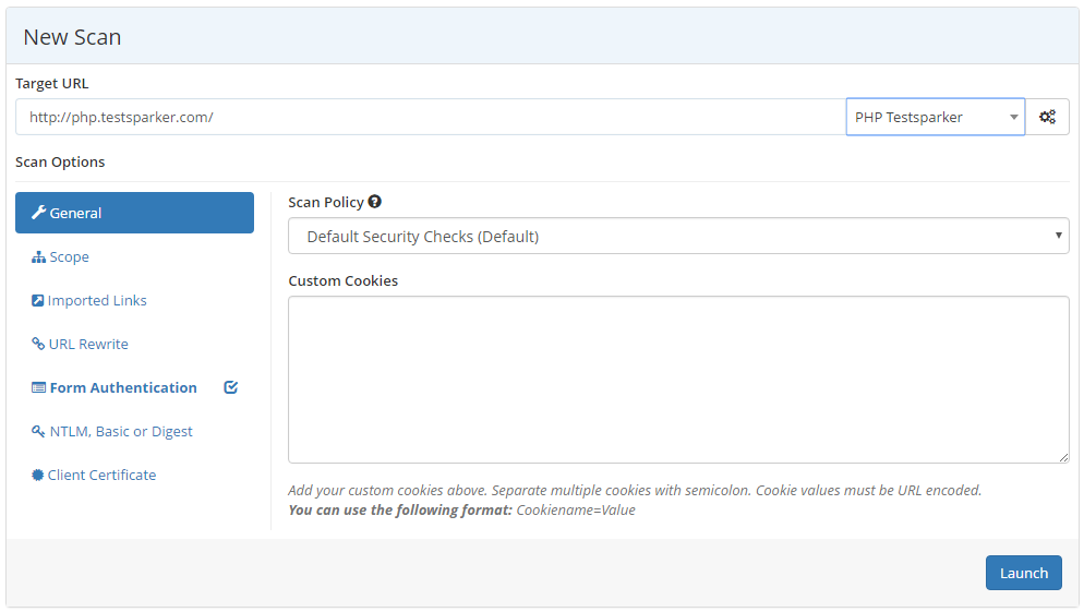 Launching a new web application security scan with Netsparker Enterprise