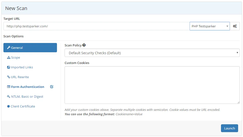 Launching a new web application security scan with Netsparker Enterprise