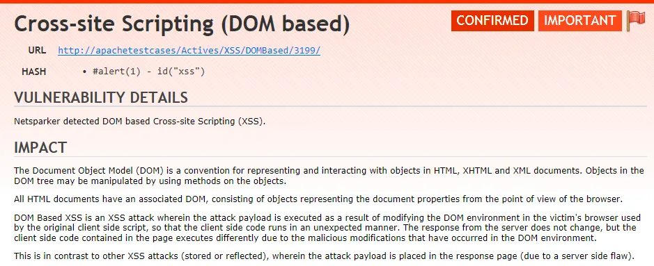 DOM XSS reported by Netsparker Web Application Security Scanner