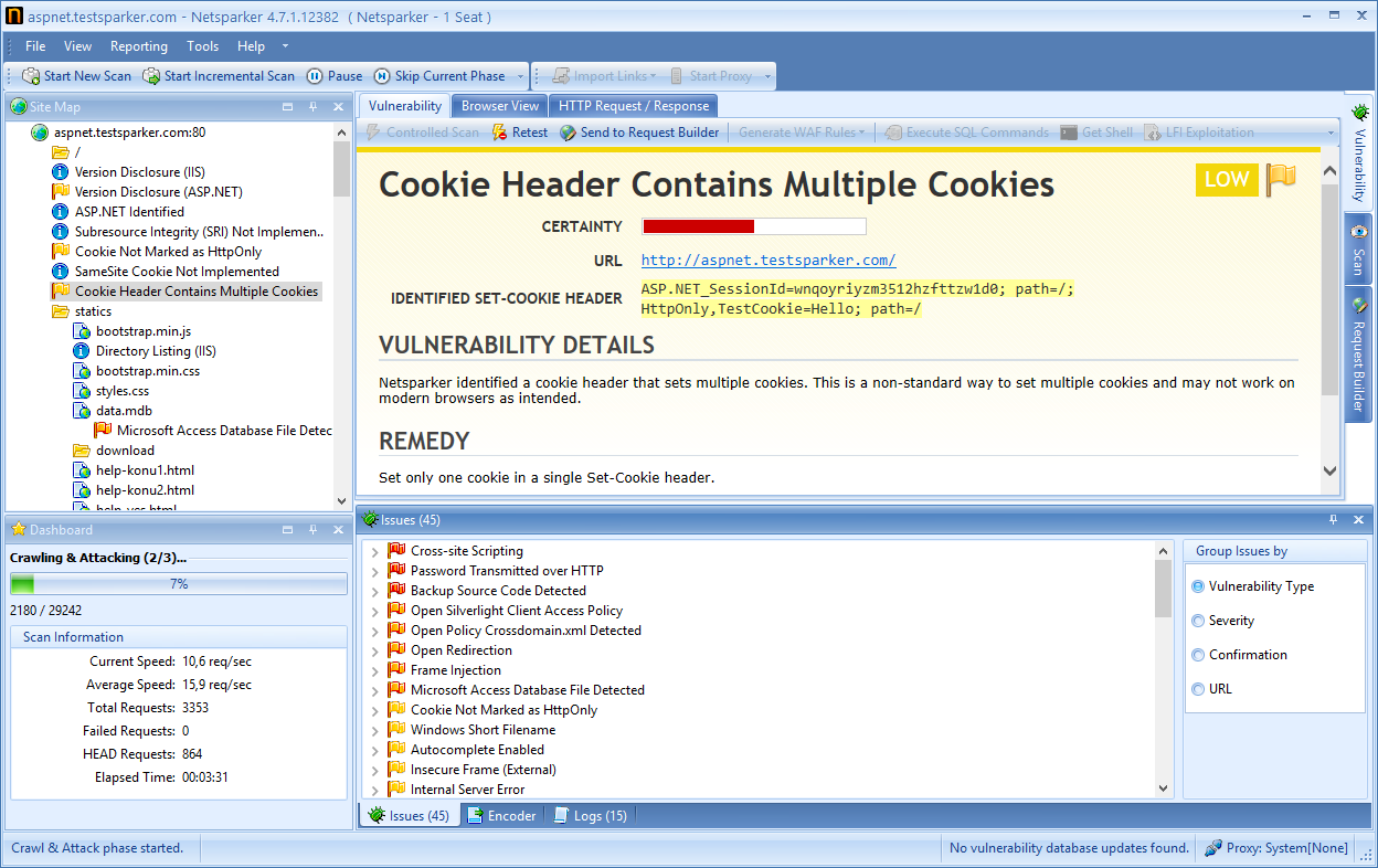 Netsparker web security scanner identified multiple cookies in the HTTP Header