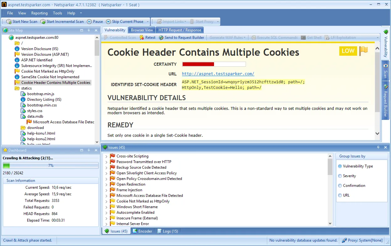 Netsparker web security scanner identified multiple cookies in the HTTP Header