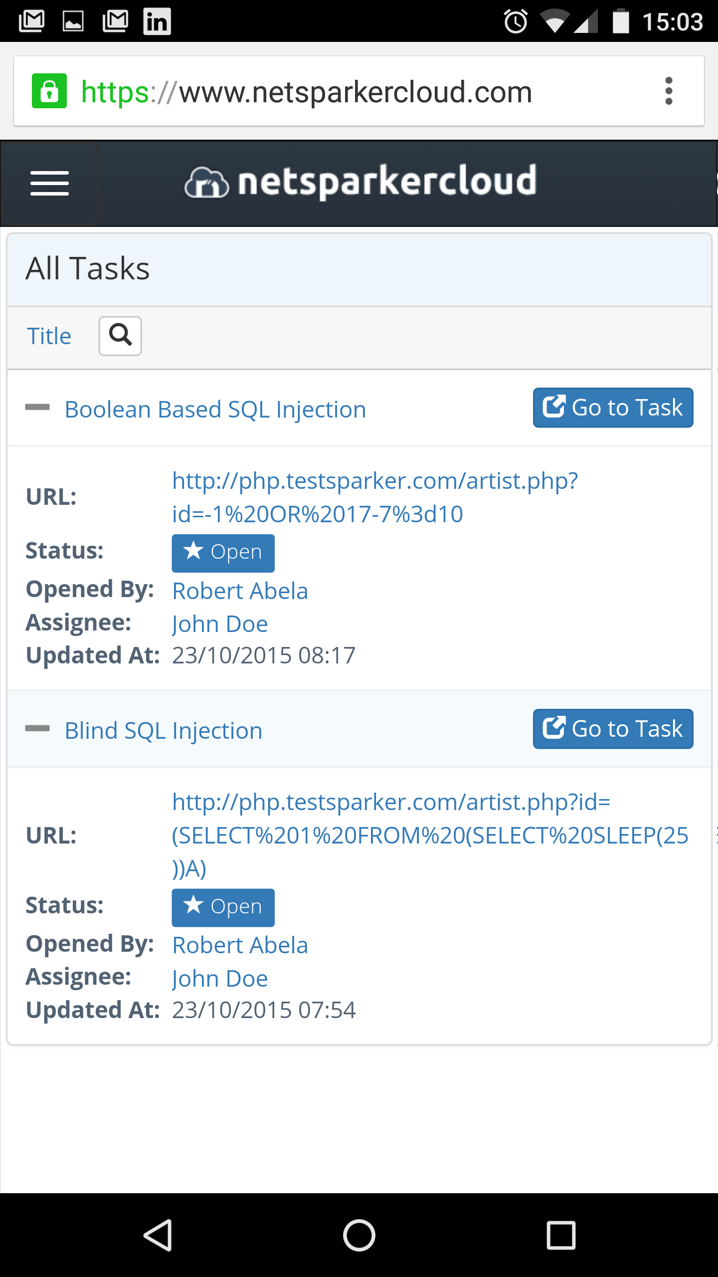 Lists of tasks in Netsparker Enterprise