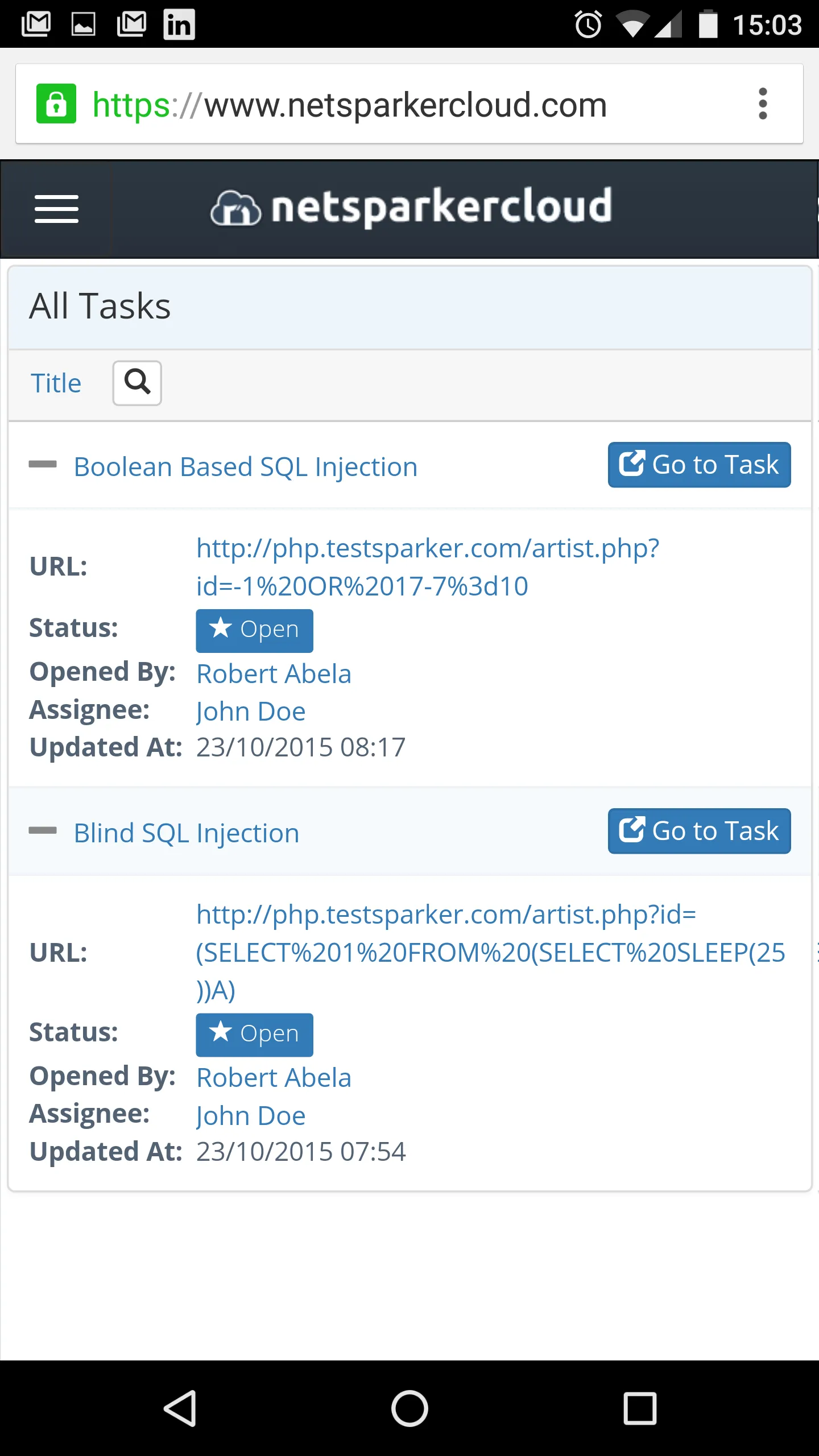 Lists of tasks in Netsparker Enterprise