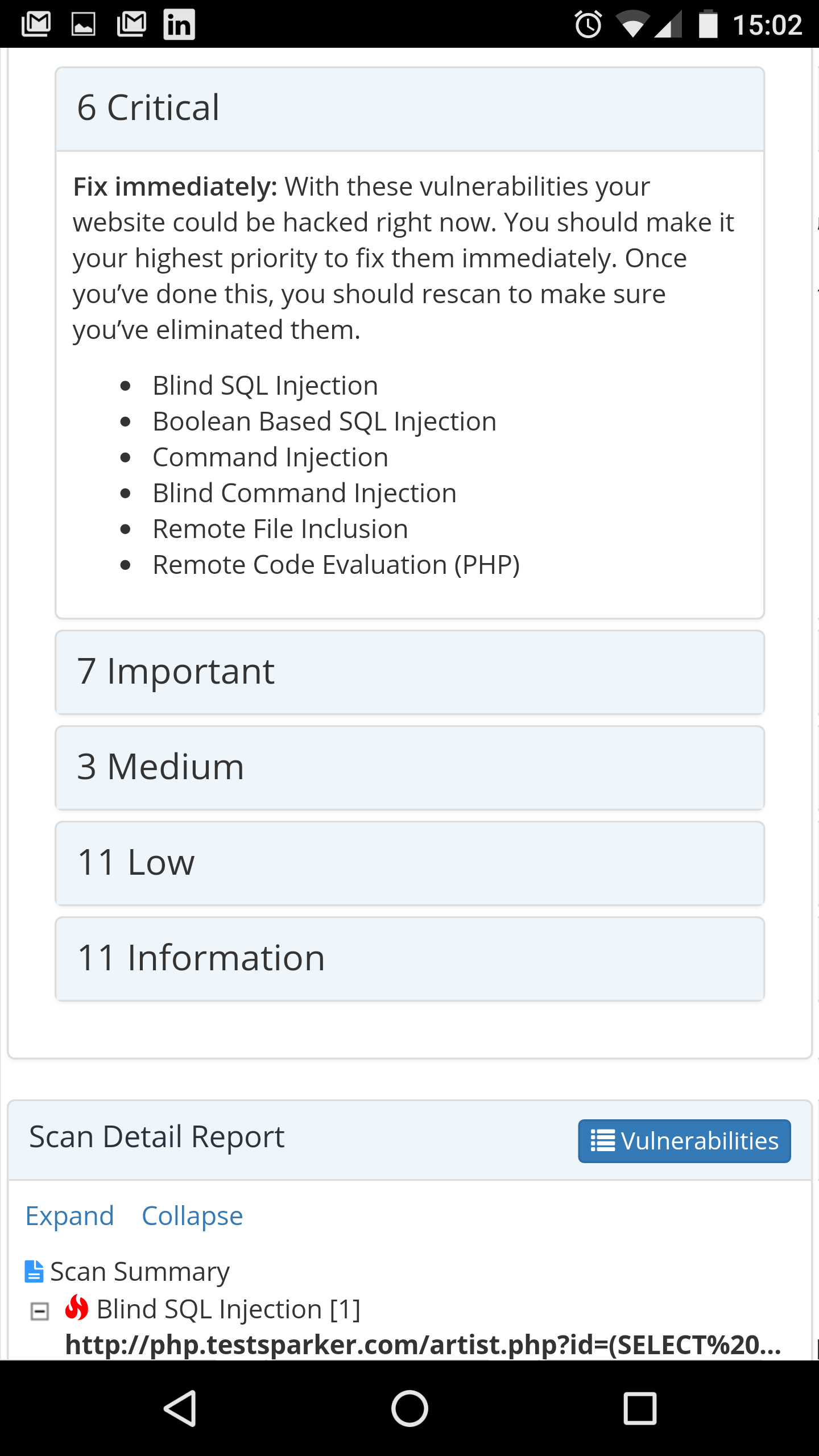 Summary of vulnerabilities identified on target website in Netsparker Enterprise