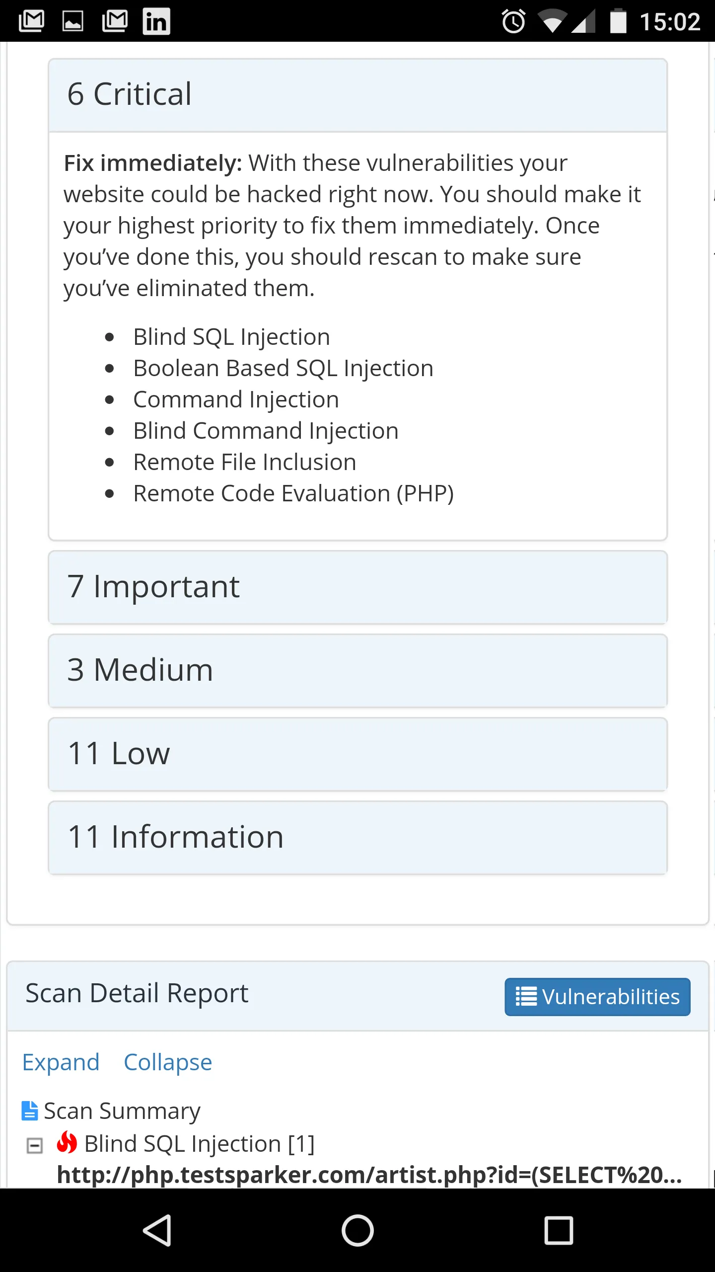 Summary of vulnerabilities identified on target website in Netsparker Enterprise